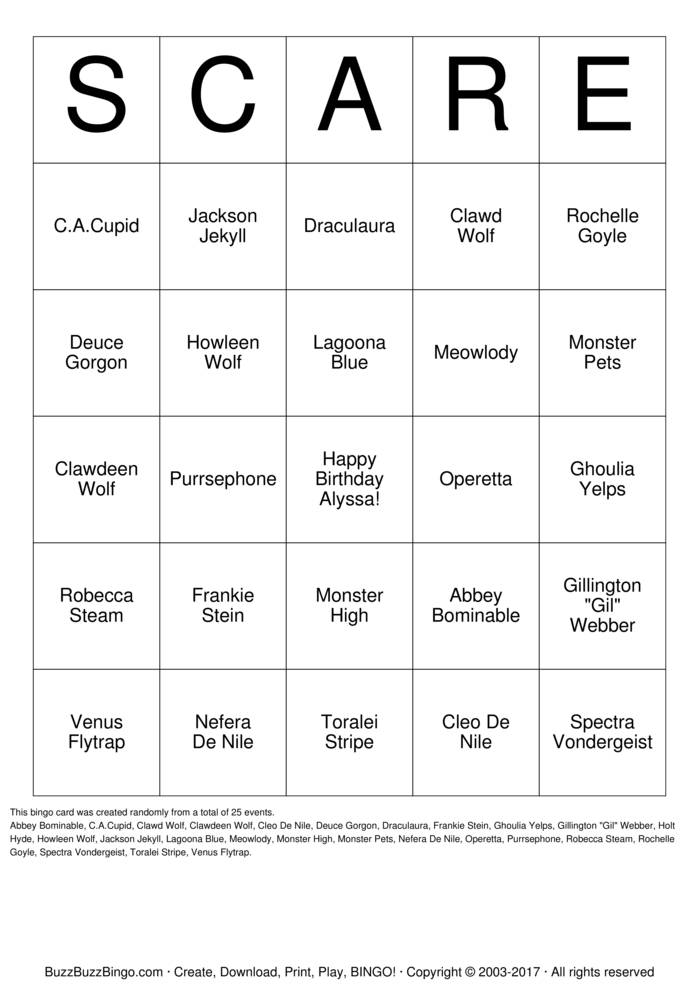 Alyssa Monster High Party Bingo Cards to Download, Print and Customize!