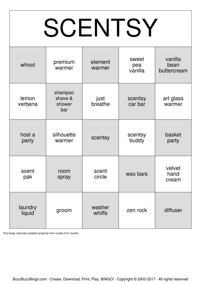 SCENTSY Bingo Cards to Download, Print and Customize!
