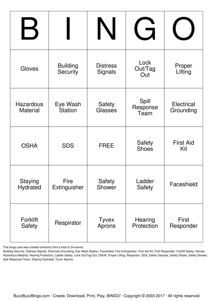 Safety Bingo Bingo Cards to Download, Print and Customize!