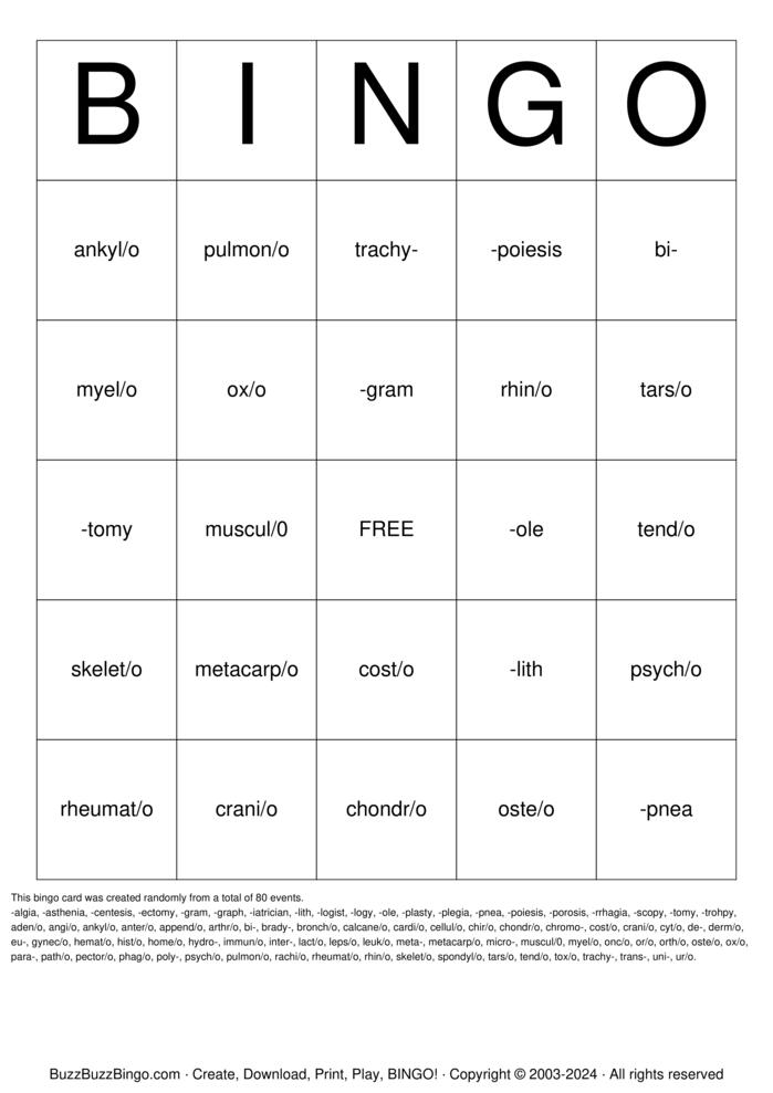 Medical Terms Word Parts Bingo Cards To Download Print And Customize 