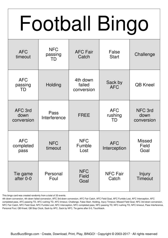 Printable Free Printable Football Bingo Cards