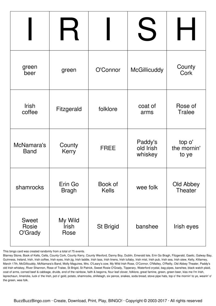 IRISH Bingo Cards to Download, Print and Customize!