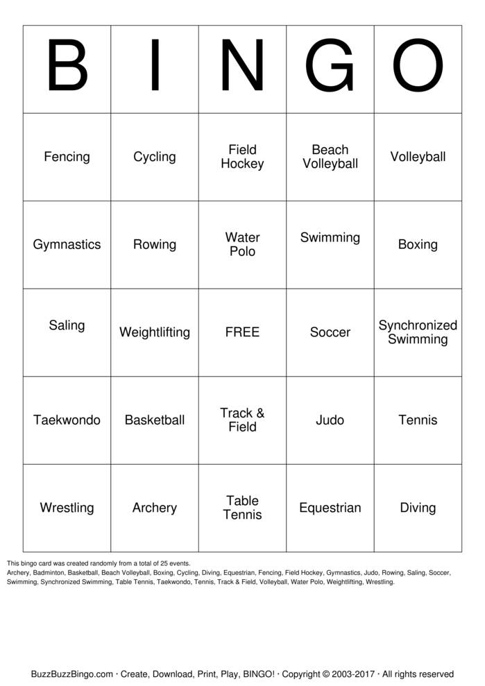 Olympic Sports Bingo Cards to Download, Print and Customize!