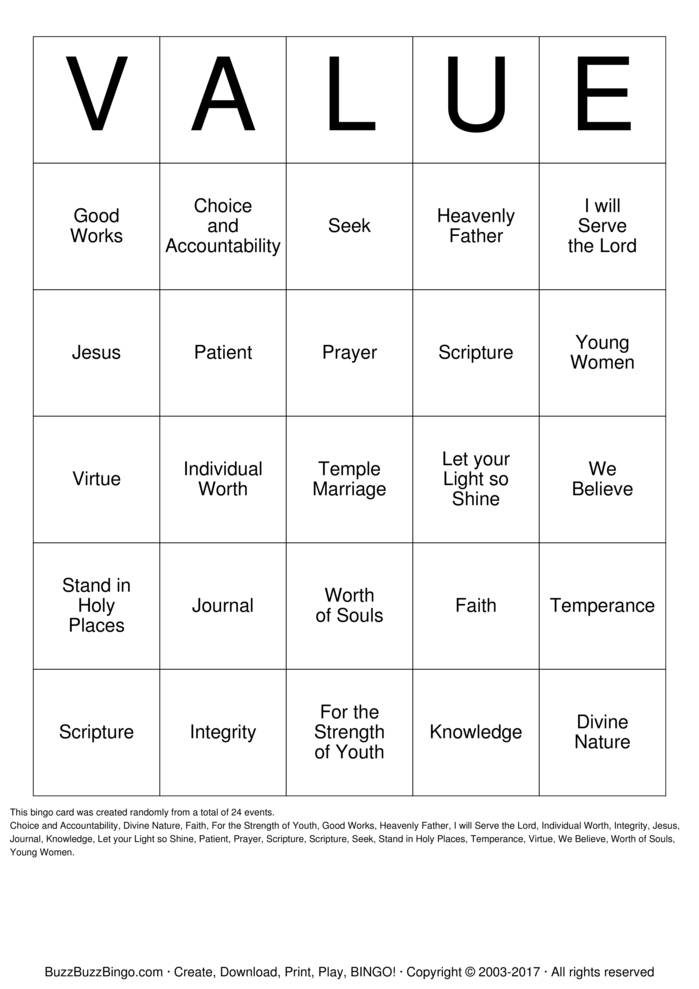 VALUES Bingo Cards To Download Print And Customize 