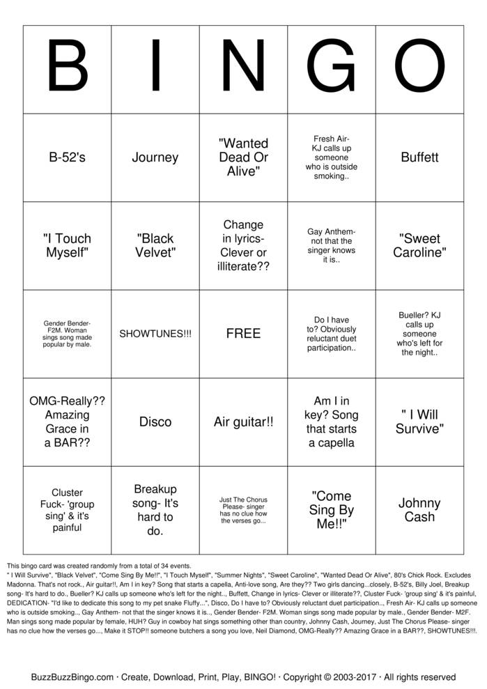 KARAOKE Bingo Cards to Download, Print and Customize!