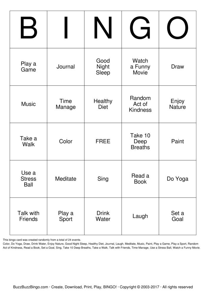 Stress Management Bingo Bingo Cards to Download, Print and Customize!