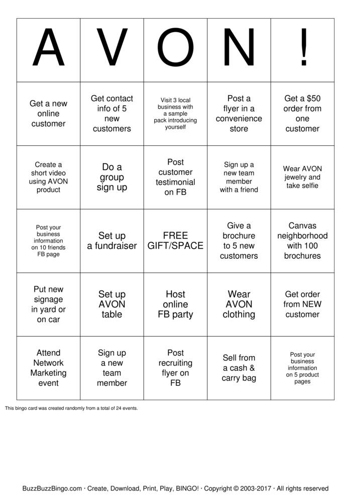 AVON Representative Bingo Cards to Download, Print and Customize!