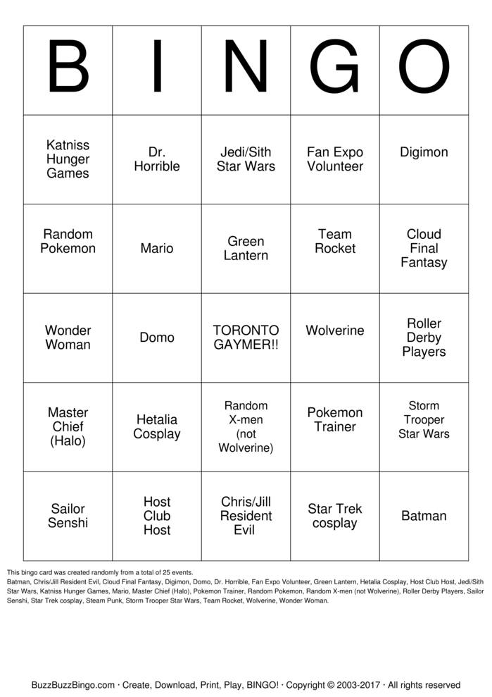 Toronto Gaymers Fan Expo 2012 Bingo Cards to Download, Print and Customize!