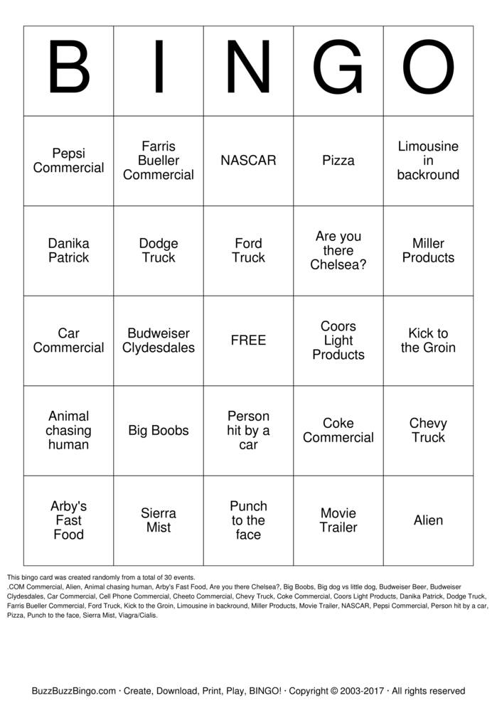 Print Superbowl Commercials Bingo Cards