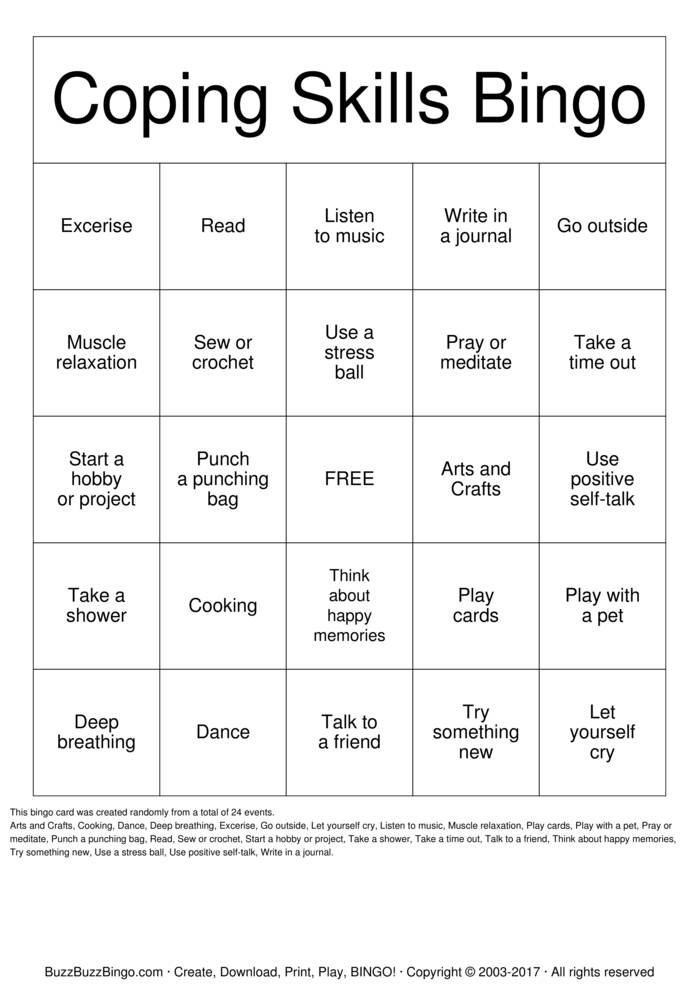 Coping Skills Bingo Printable Free