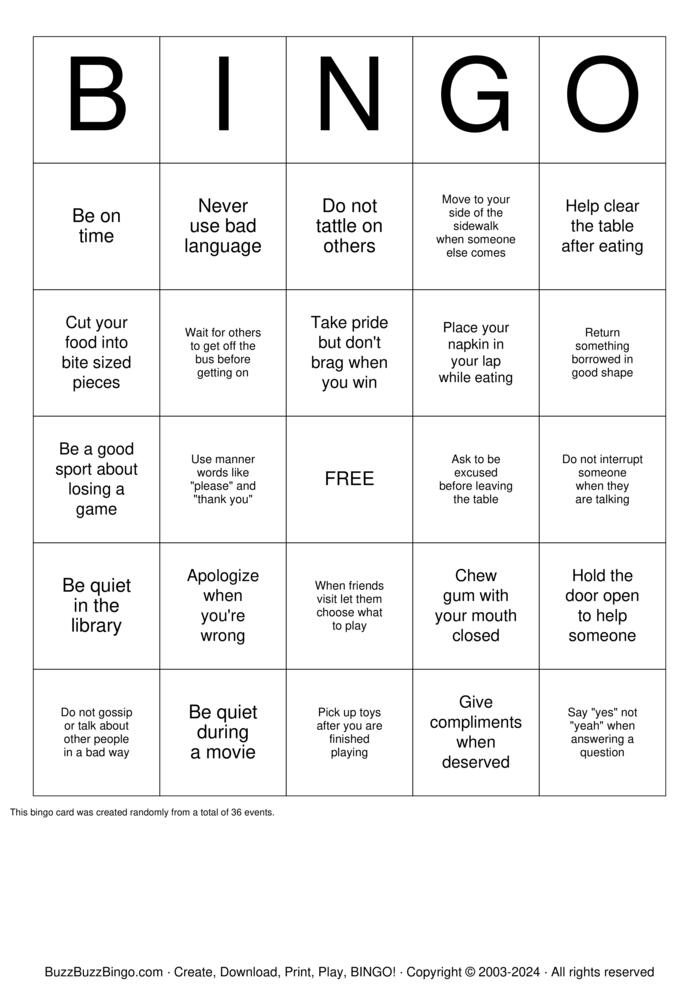 Manners Bingo Cards to Download, Print and Customize!