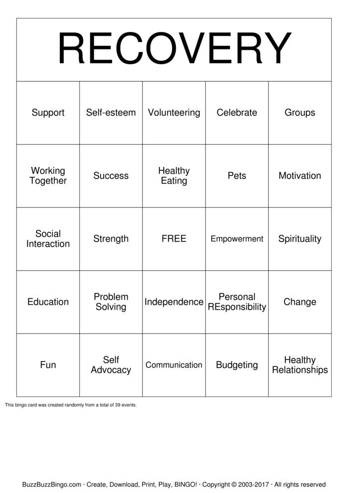 Recovery Bingo Cards to Download, Print and Customize!