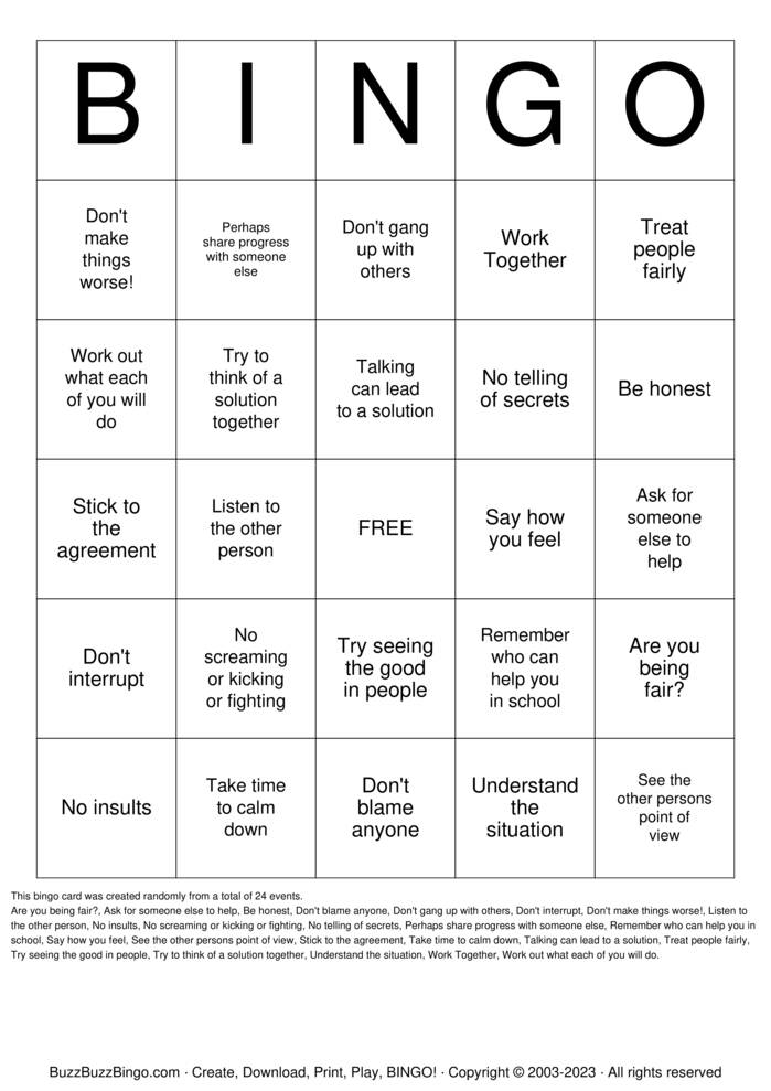 Conflict Resolution Bingo Cards To Download Print And Customize 