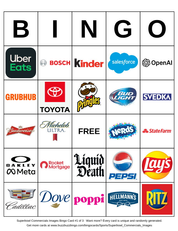 Super Bowl Commercials Bingo