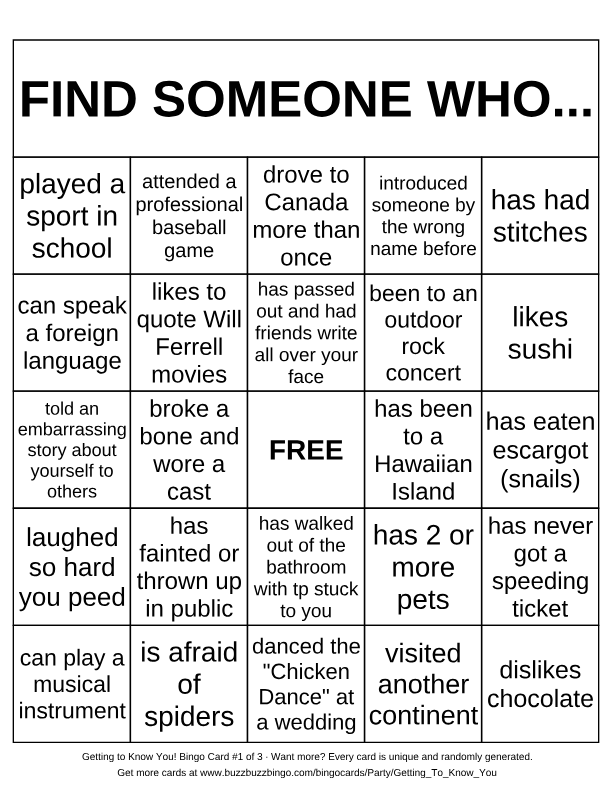 Getting to Know You! Bingo