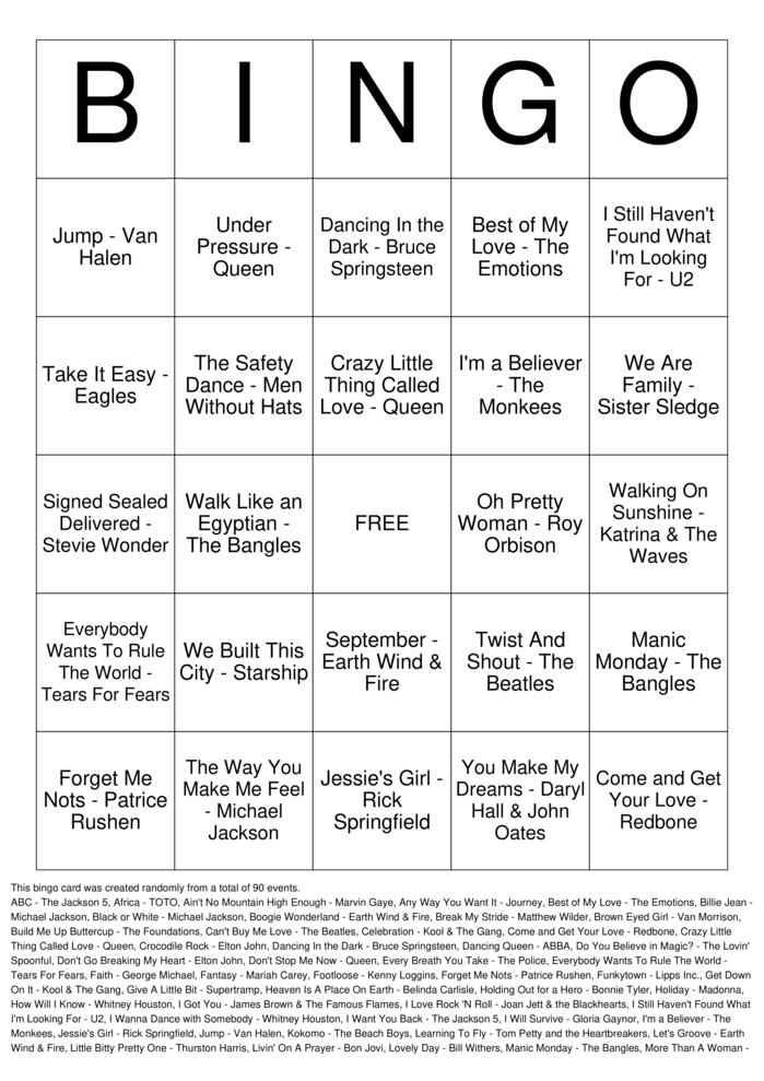 Download Free 70s, 80s, 90s Music Bingo Cards