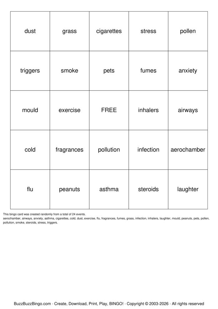 Download Free ASTHMA Bingo Cards Download Free ASTHMA Bingo Cards
