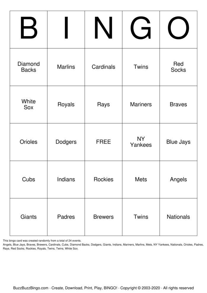Download Free Baseball Bingo Cards