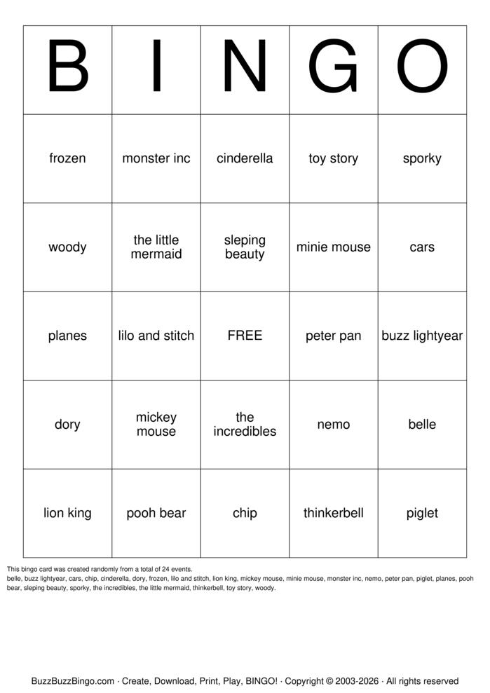 Download Free Disney Bingo Cards
