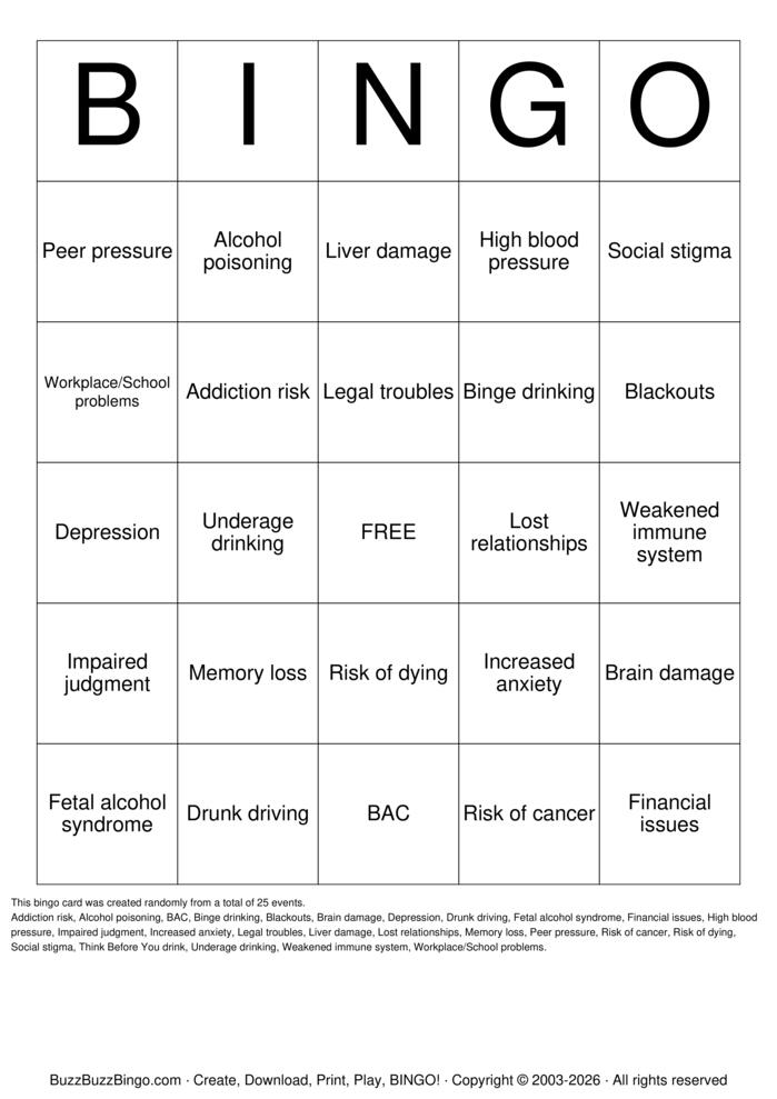 Download Free Effects of Alcohol! Bingo Cards