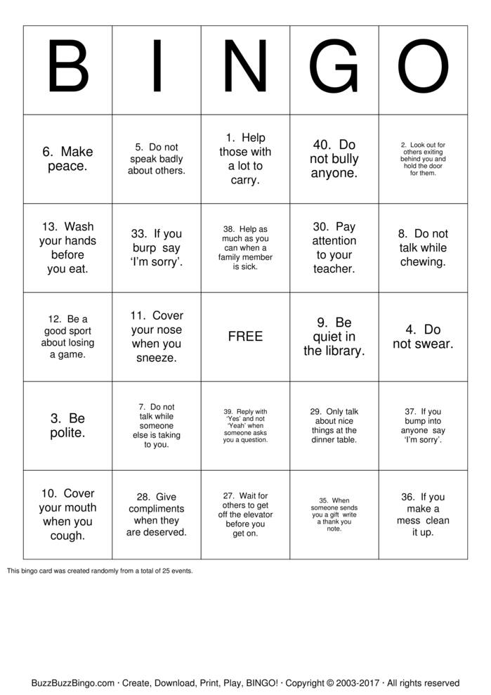 Manners Bingo Cards to Download, Print and Customize!