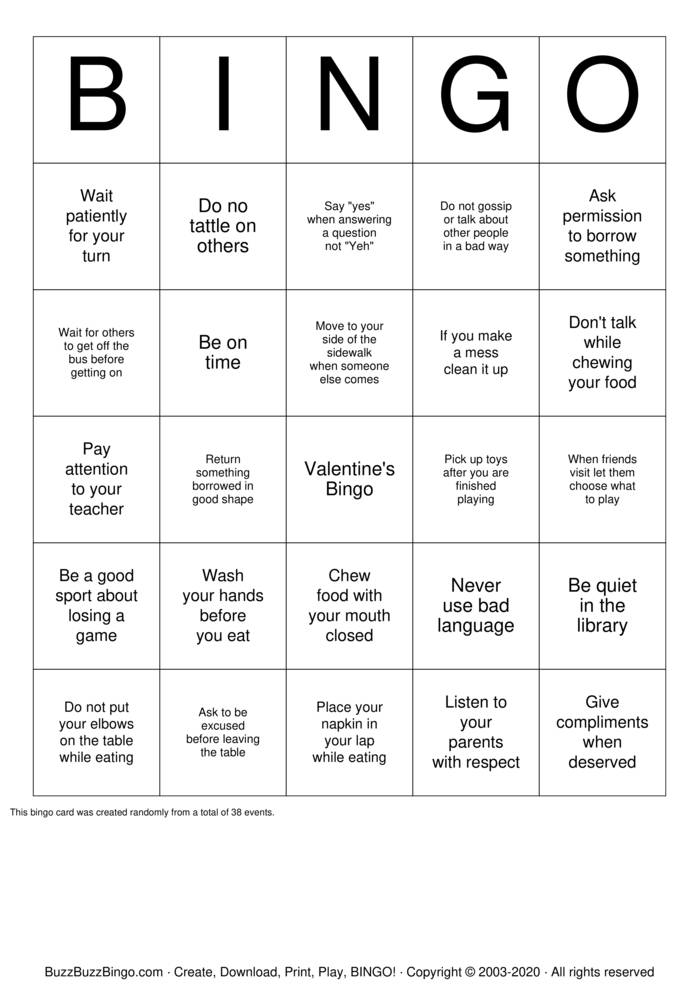 Manners Bingo Cards to Download, Print and Customize!