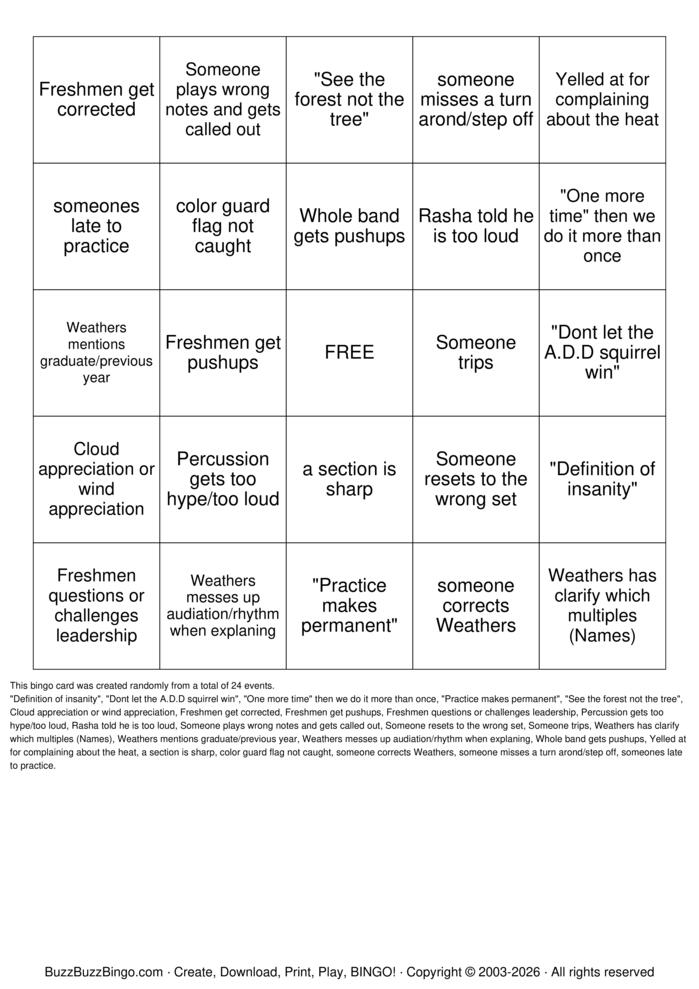 Download Free Marching Band Bingo Cards Download Free Marching Band Bingo Cards