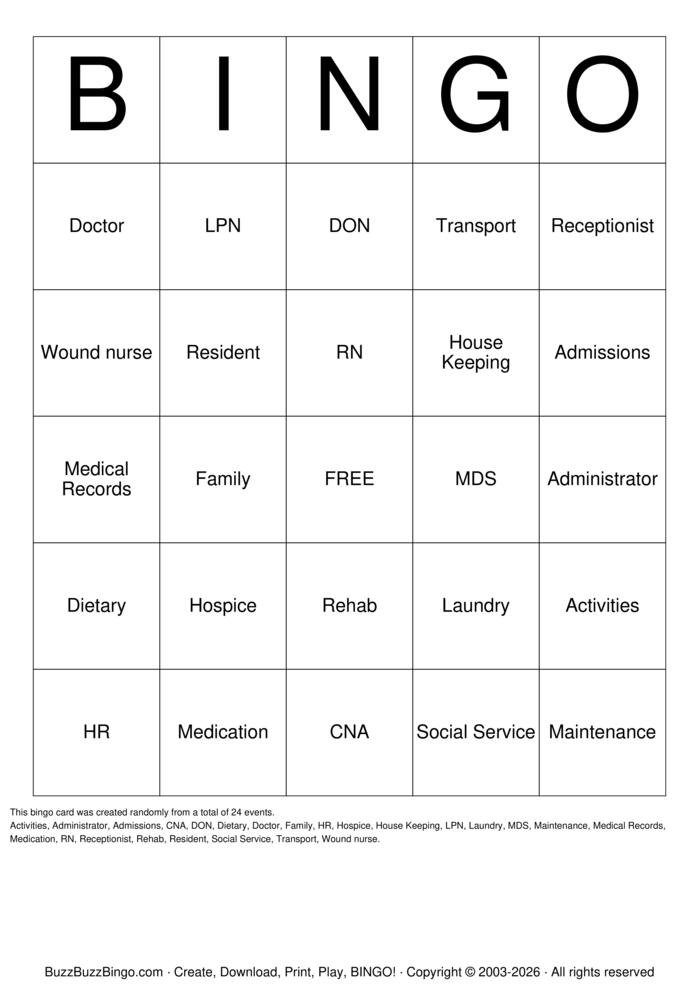 Download Free Nursing Home Bingo Cards