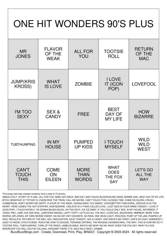 Download Free ONE HIT WONDERS 90'S PLUS  Bingo Cards