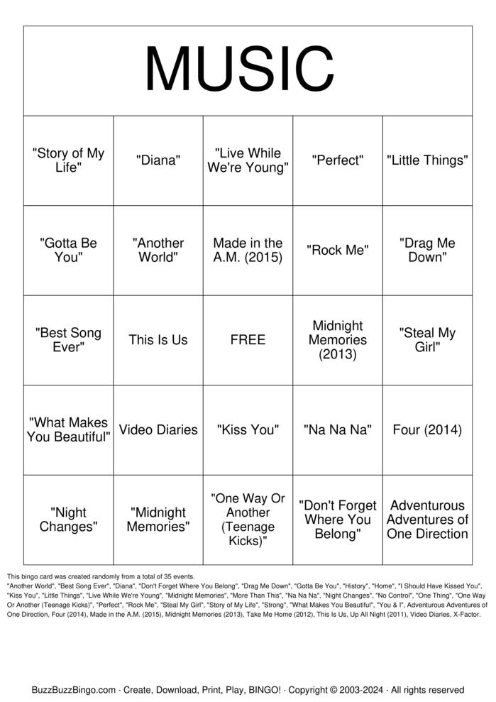 Download Free One Direction Bingo Bingo Cards