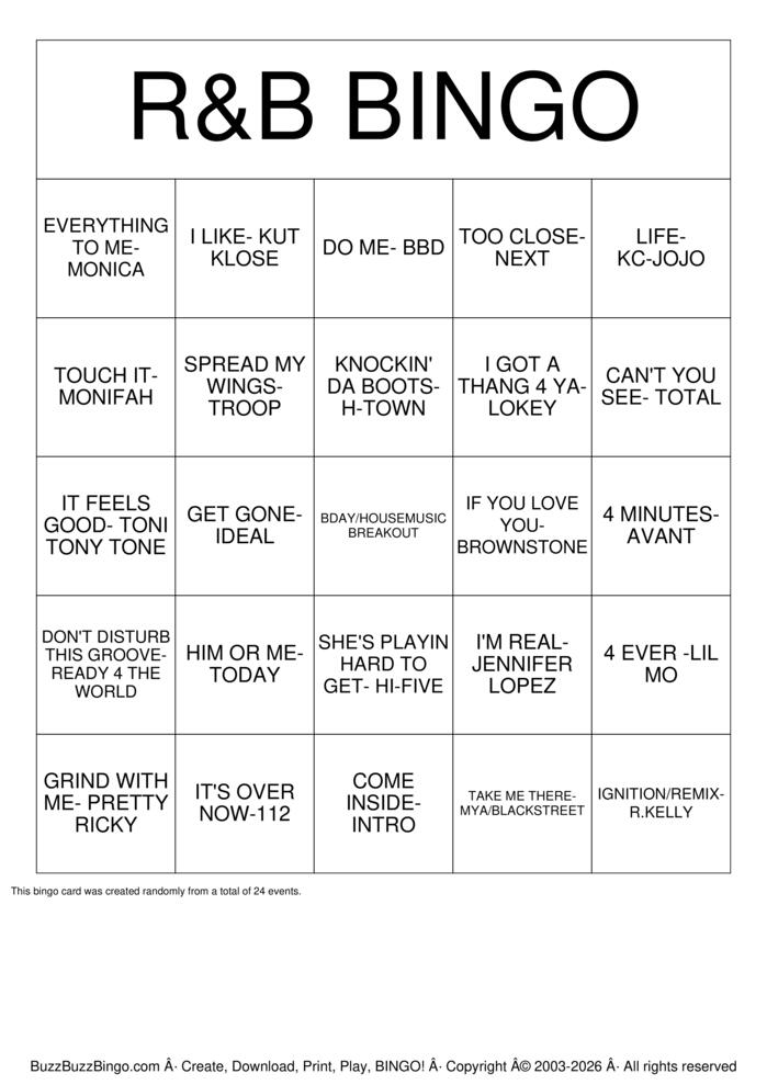 Download Free R&B BINGO Bingo Cards
