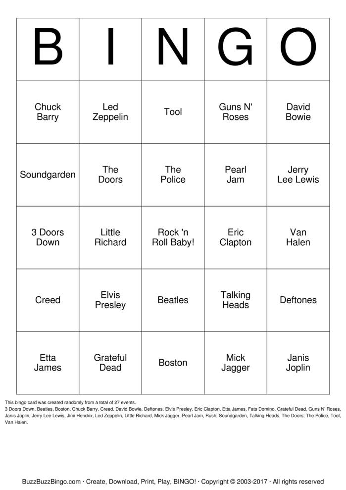 Download Free ROCK AND ROLL Bingo Cards
