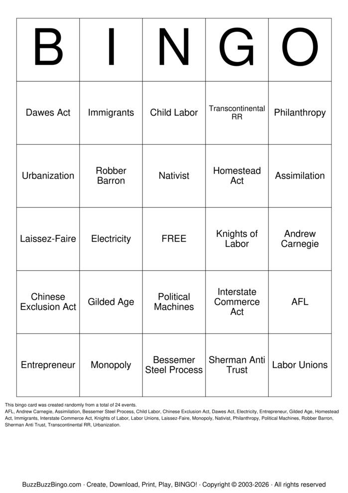 Download Free US History Gilded Age Bingo Cards