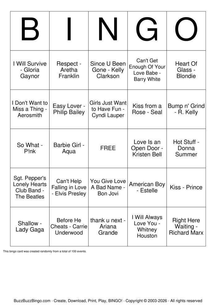 Download Free Valentines Day Love Songs Bingo Cards