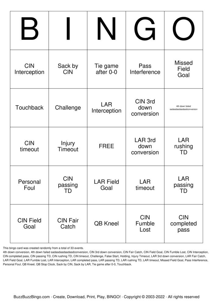 2022 Superbowl CIN vs LAR Bingo Cards to Download, Print and Customize!