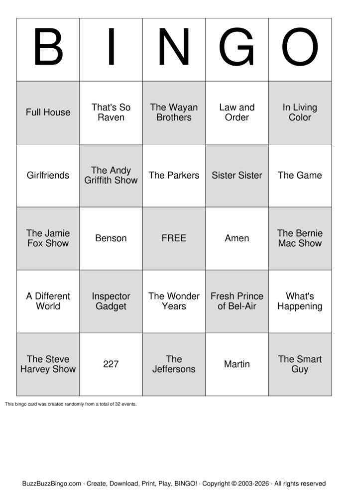 Download Free African American Sitcoms Bingo Cards