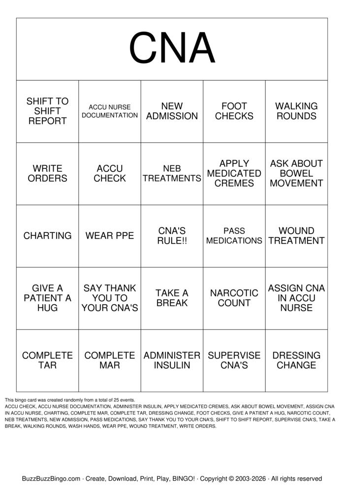 Download Free CNA Bingo Cards