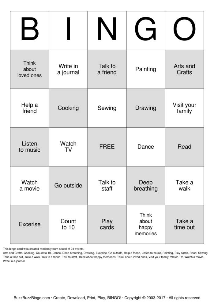 Download Free Coping Skills Bingo Cards