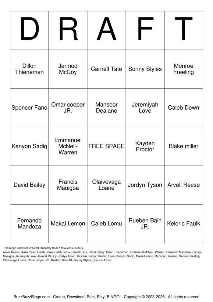 Download Free DRAFT Bingo Cards