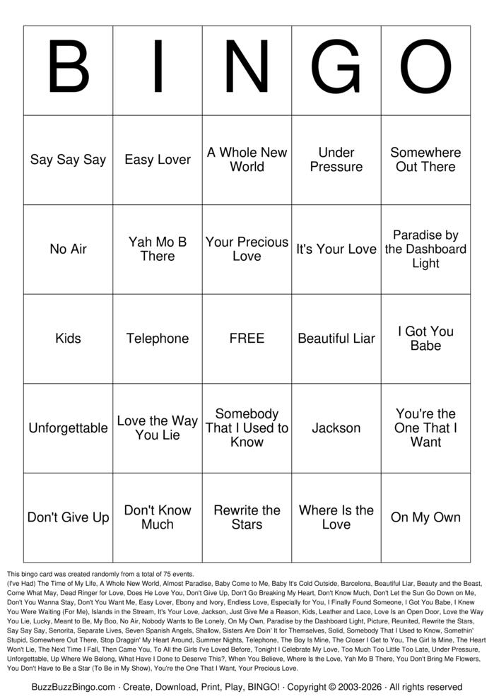 Download Free Duets & Karaoke Pairs Titles Bingo Cards Download Free Duets & Karaoke Pairs Titles Bingo Cards