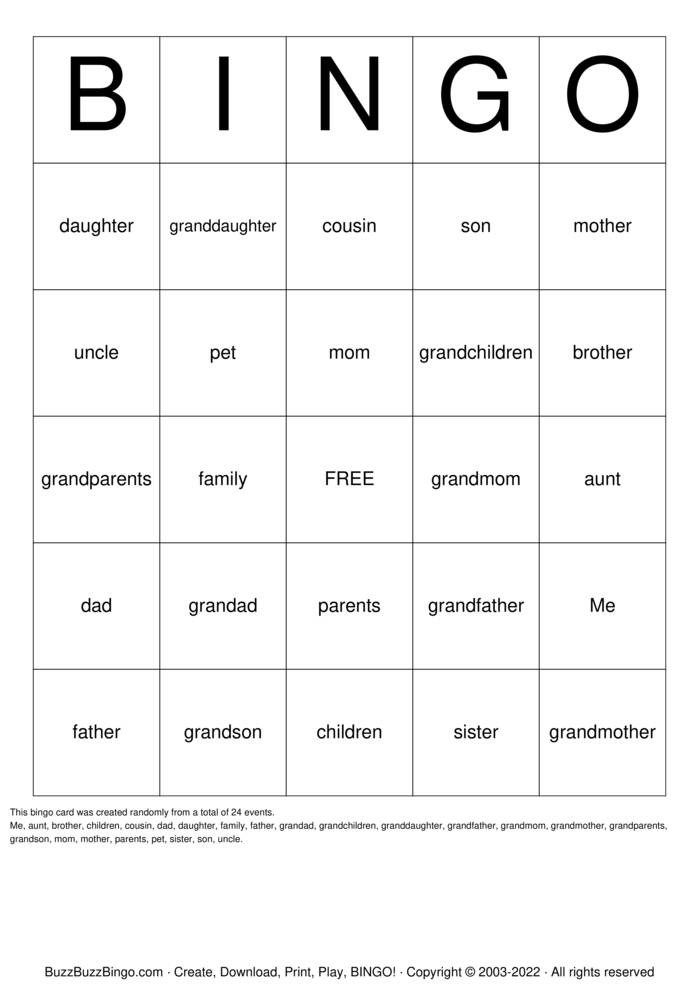 Download Free Family Bingo Cards