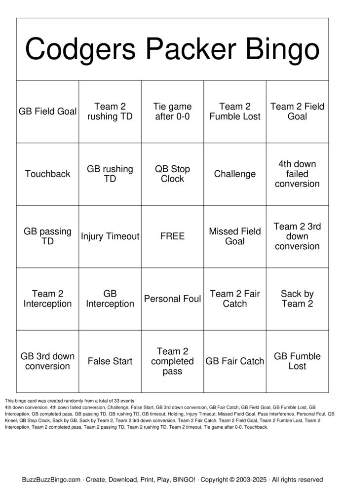 Download Free Football Bingo Cards Download Free Football Bingo Cards