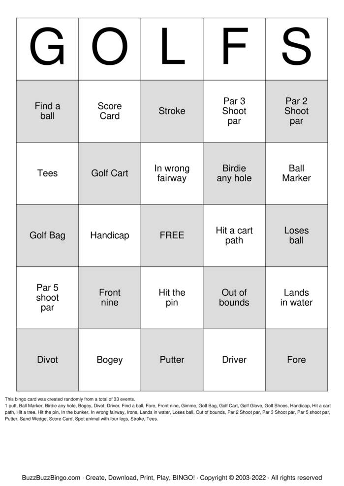 Download Free Golf Bingo Cards