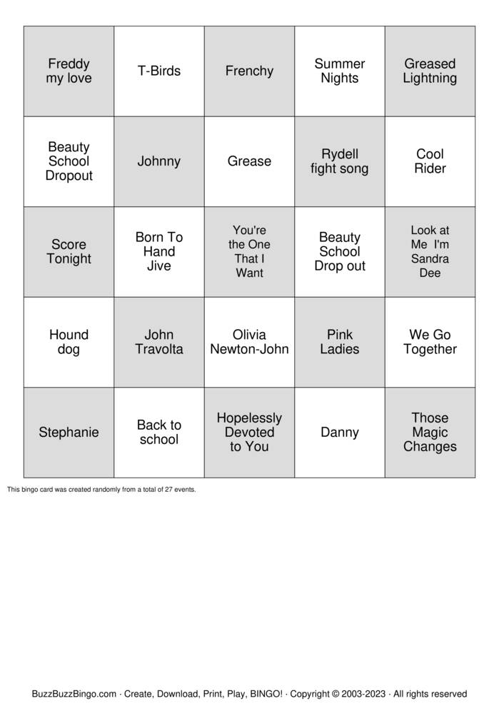 Download Free Grease Bingo Cards