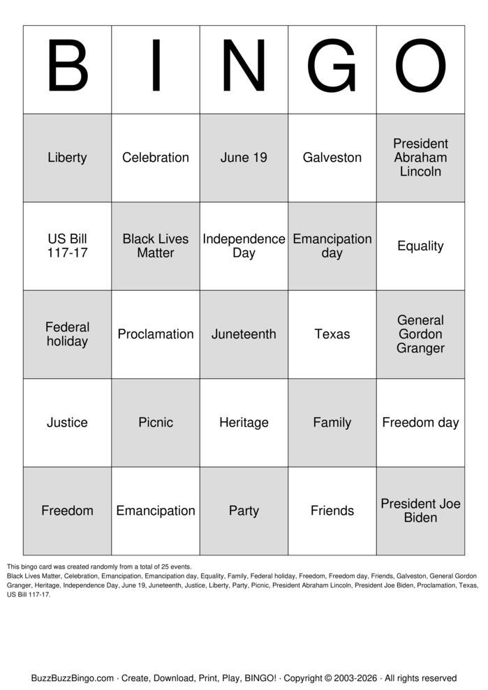 Download Free Juneteenth Bingo Cards