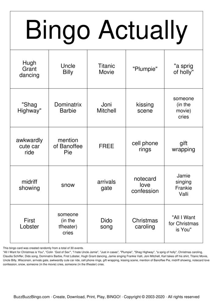 Download Free Love Actually Bingo Bingo Cards