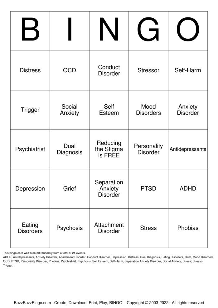 MENTAL HEALTH Bingo Cards to Download, Print and Customize!