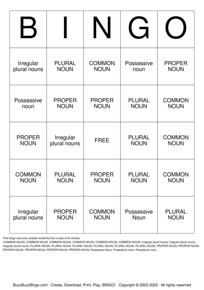 Noun Bingo Bingo Cards to Download, Print and Customize!