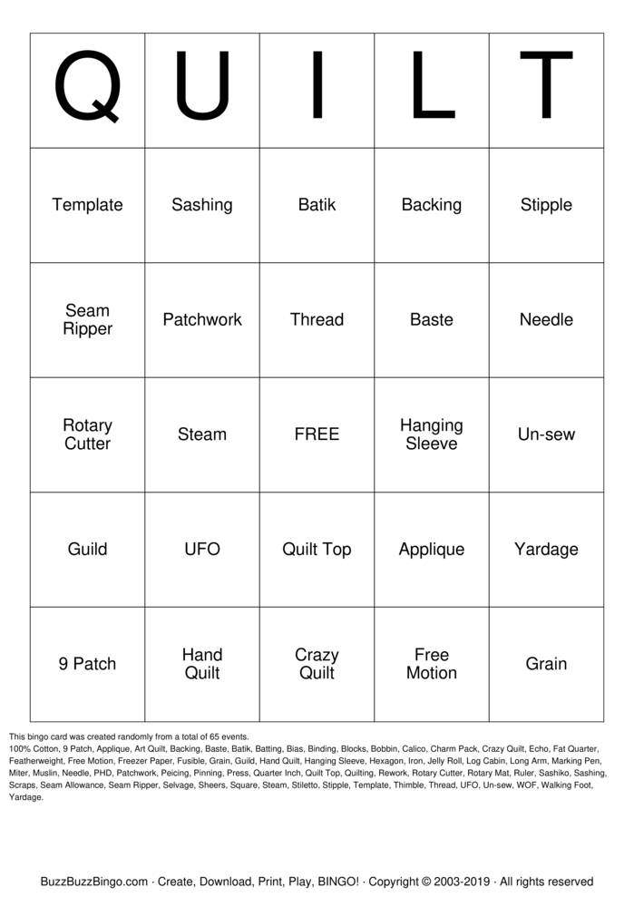 QUILT Bingo Cards to Download, Print and Customize!