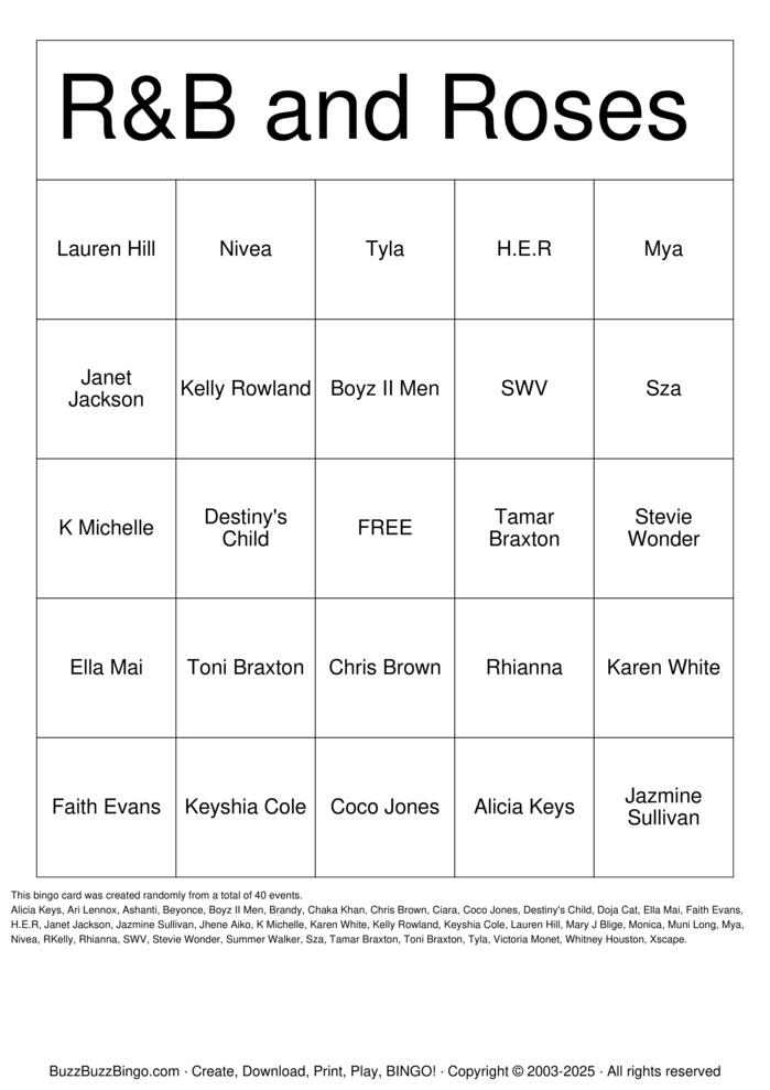 Download Free R&B & Roses (Mother's Day Celebration) Bingo Cards